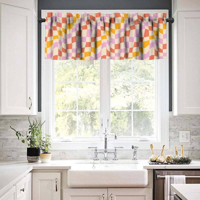 JanJCurt Hippie Checkered Window Valance, Vintage 70s Yellow Pink Red Beige Groovy Checkered Geometric Blackout Short Curtain Valance for Kitchen Bedroom Livingroom, 54x18inch - Image 3